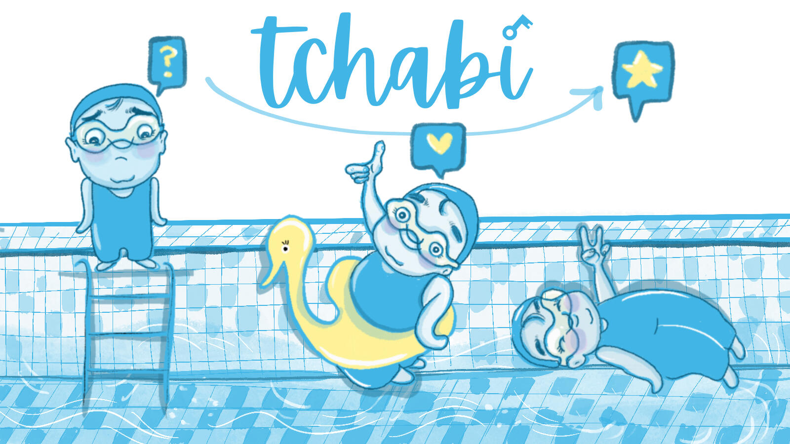 Un petit personnage est tout d'abord effrayé à l'idée de se mettre à l'eau, on le voit ensuite lever le pouce, sécurisé par sa bouée puis, il flotte, serein, sachant à présent nager.